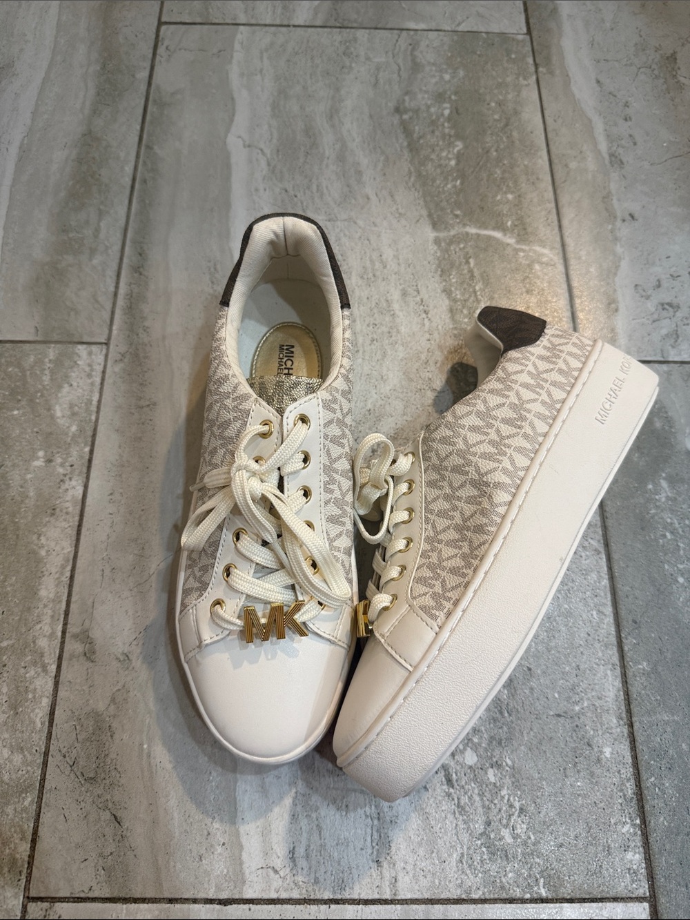 Michael Kors Beige Ivory Logo Lace-Up Platform Sneakers